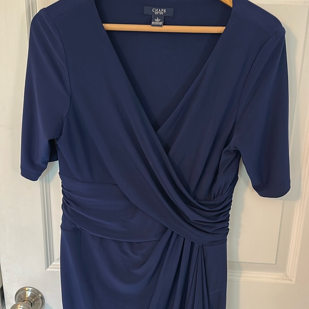 Chaps Blue Ruched Faux Wrap Midi Dress Royal Blue Size L